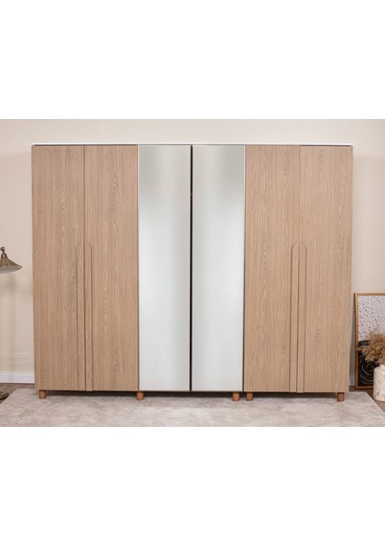 İtra 6 Kapaklı Gardırop – Krem Gövde, Meşe MDFLAM Aynalı Kapak fiyatları