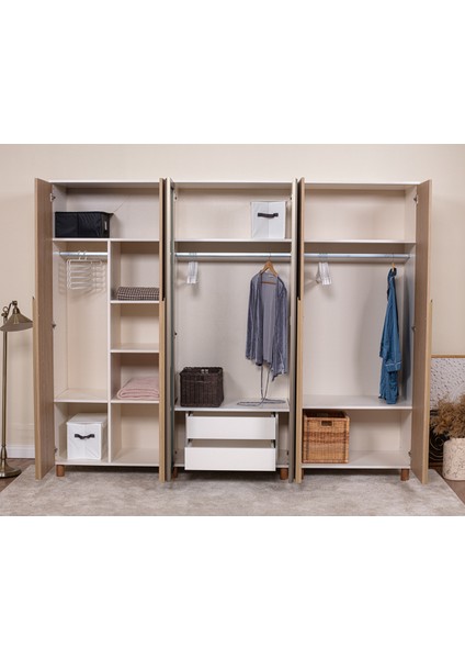 İtra 6 Kapaklı Gardırop – Krem Gövde, Meşe MDFLAM Aynalı Kapak modelleri