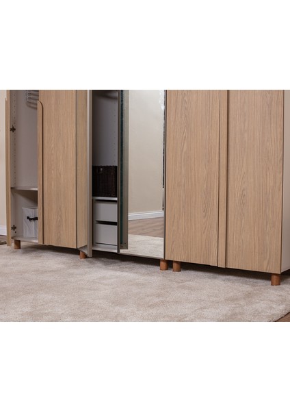 İtra 6 Kapaklı Gardırop – Krem Gövde, Meşe MDFLAM Aynalı Kapak fırsatları