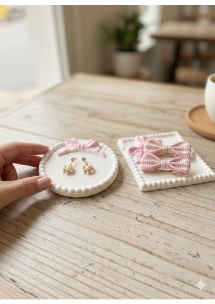 Pembe Fiyonklu Çok Amaçlı Takı Tepsisi Kurdele Tabak , Takı Tabağı , Bardak Altlığı , Mum Tabağı fırsatları