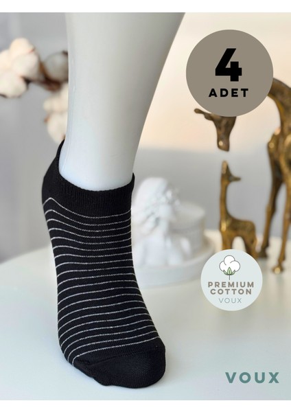 Pamuklu Çizgili Siyah Kadın Sneaker Çorap 4 'lü