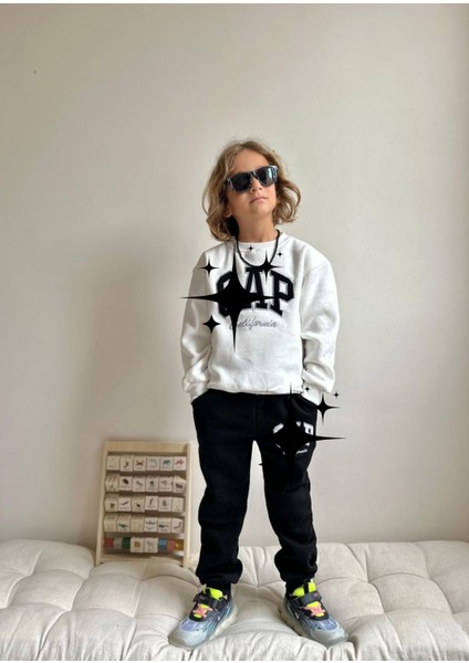 Işlemeli Şardonlu 3 Iplik Sweatshirt-Eşofman Altı Kışlık Erkek Çocuk Takım