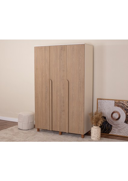 İtra 3 Kapaklı Gardırop – Krem Gövde, Meşe MDFLAM Kapak
