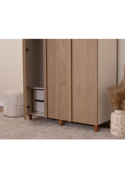 İtra 3 Kapaklı Gardırop – Krem Gövde, Meşe MDFLAM Kapak fırsatları