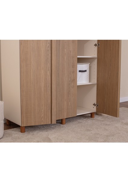 İtra 3 Kapaklı Gardırop – Krem Gövde, Meşe MDFLAM Kapak