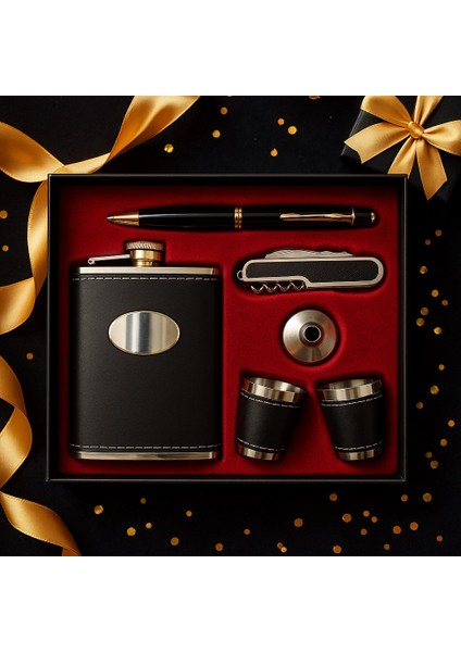 Özel Lüks Hediye Seti – Deri Kaplamalı Çelik Matara, 2 Shot Bardak, Huni, Kalem ve Çakı Tirbuşon