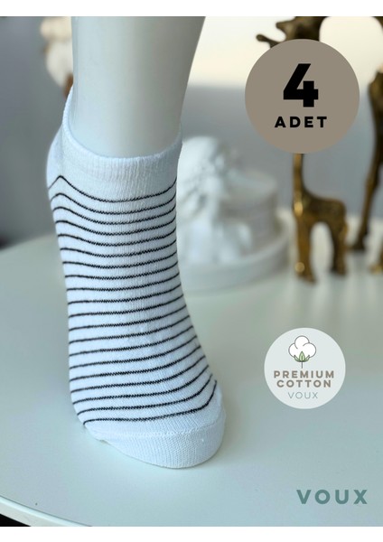 Pamuklu Çizgili Beyaz Kadın Sneaker Çorap 4 'lü