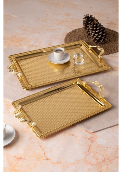 Metal Gümüş & Gold 2’li Tepsi Seti – Işlemeli Altın Kulplu Servis ve Sunum Tepsisi, Kararmaz,solmaz