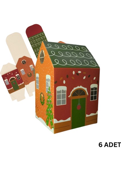 Yılbaşı Ev Tasarımlı Kutu Çanta, Yeniyıl, Parti, Hediye Çantası, 6lı, 8.5X8.5X14 Cm, Yeşil Çatılı