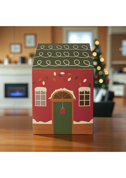 Yılbaşı Ev Tasarımlı Kutu Çanta, Yeniyıl, Parti, Hediye Çantası, 6lı, 8.5X8.5X14 Cm, Yeşil Çatılı modelleri