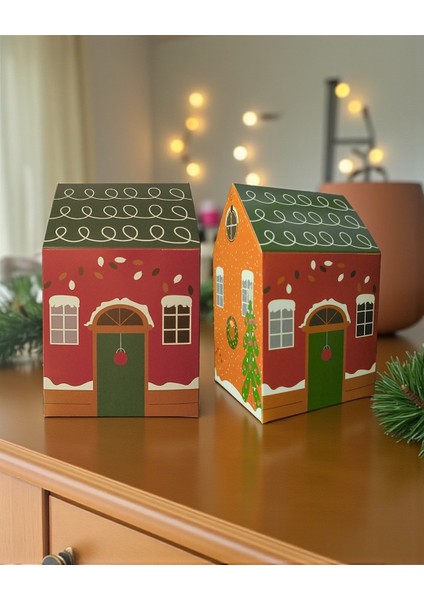 Yılbaşı Ev Tasarımlı Kutu Çanta, Yeniyıl, Parti, Hediye Çantası, 6lı, 8.5X8.5X14 Cm, Yeşil Çatılı indirimleri