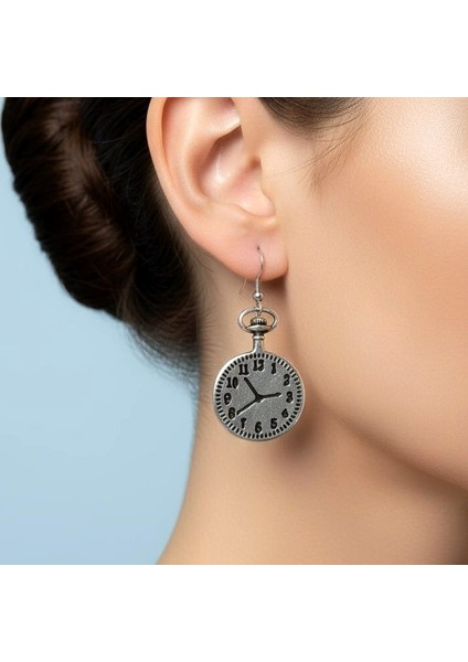 Köstekli Saat Şekilli Kadın Küpe Çift Adet Gümüş Kaplama El Yapımı Küpe modelleri