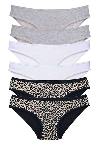 6 Adet Likralı Kadın Slip Külot Leopar Gri Beyaz