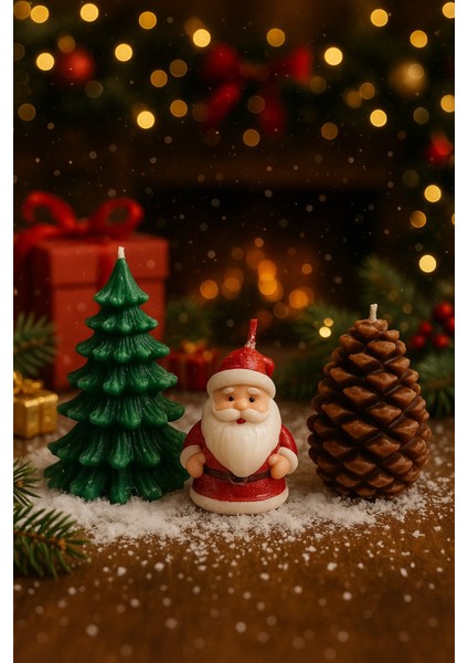 biton 3’lü yılbaşı dekoratif mum seti – çam ağacı, kozalak ve noel baba şeklinde | yeni yıl sofra mumu fiyatları
