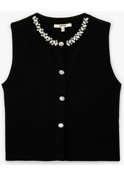 Düğmeli Bisiklet Yaka Taşlı Triko Yelek modelleri