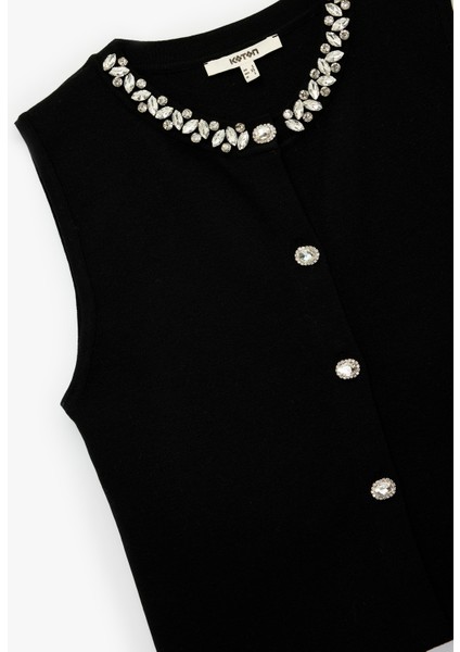 Düğmeli Bisiklet Yaka Taşlı Triko Yelek indirimleri