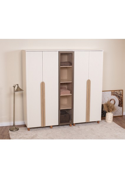 5 Kapaklı Gardırop – Krem Gövde, Krem Lake Camlı Kapak