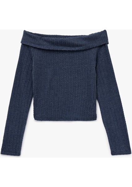 Slim Fit Uzun Kollu Saç Örgü Dokulu Omzu Açık Bluz