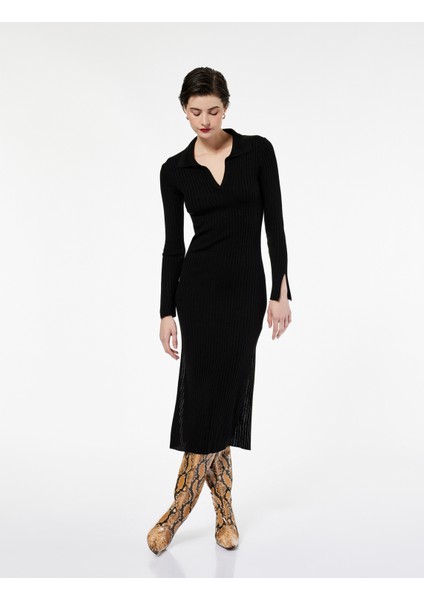 Uzun Kollu Yırtmaçlı Polo Yaka Uzun Triko Kalem Elbise