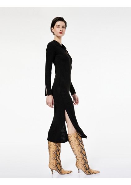 Uzun Kollu Yırtmaçlı Polo Yaka Uzun Triko Kalem Elbise fiyatları