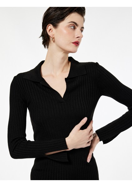 Uzun Kollu Yırtmaçlı Polo Yaka Uzun Triko Kalem Elbise modelleri