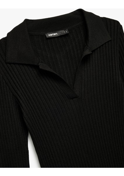 Uzun Kollu Yırtmaçlı Polo Yaka Uzun Triko Kalem Elbise