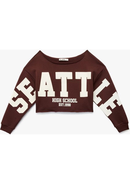 Uzun Kollu Baskılı Kayık Yaka Oversize Crop Sweatshirt