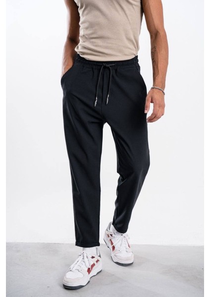 Erkek Siyah Kalın Kumaş Boyfriend Pantolon Hafif Bol