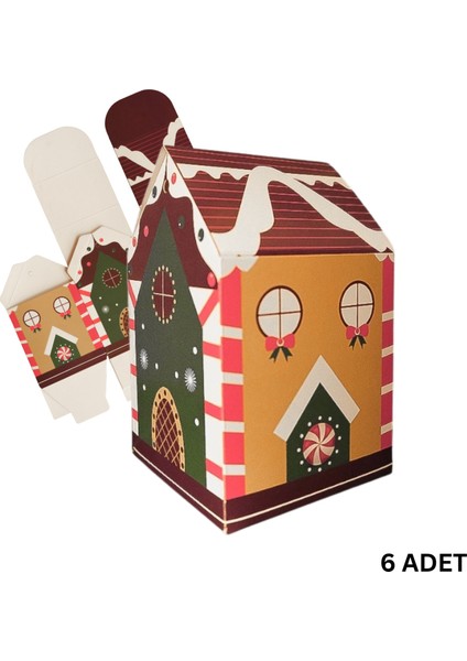Yılbaşı Ev Tasarımlı Kutu Çanta, Yeniyıl, Parti, Hediye Çantası, 6lı, 8.5X8.5X14 Cm, Kahve Çatılı