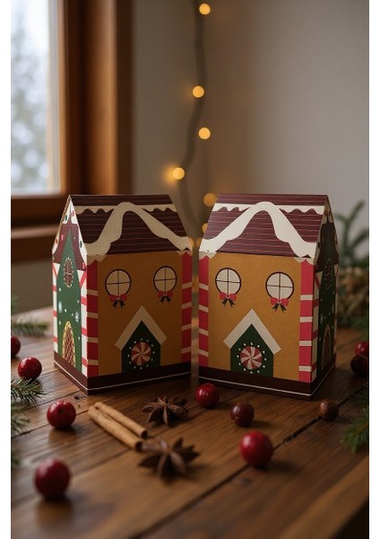 Yılbaşı Ev Tasarımlı Kutu Çanta, Yeniyıl, Parti, Hediye Çantası, 6lı, 8.5X8.5X14 Cm, Kahve Çatılı fırsatları