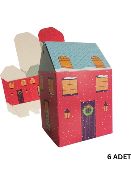 Yılbaşı Ev Tasarımlı Kutu Çanta, Yeniyıl, Parti, Hediye Çantası, 6lı, 8.5X8.5X14 Cm, Mavi Çatılı