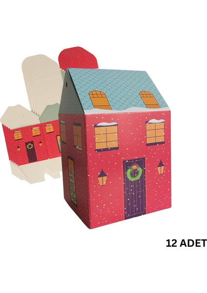 Yılbaşı Ev Tasarımlı Kutu Çanta, Yeniyıl, Parti, Hediye Çantası, 12LI, 8.5X8.5X14 Cm, Mavi Çatılı