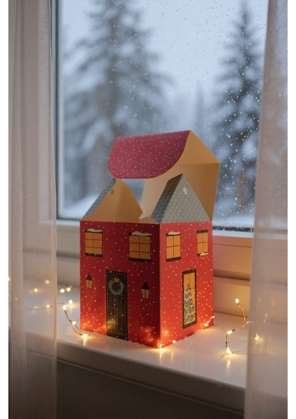 Yılbaşı Ev Tasarımlı Kutu Çanta, Yeniyıl, Parti, Hediye Çantası, 12LI, 8.5X8.5X14 Cm, Mavi Çatılı modelleri