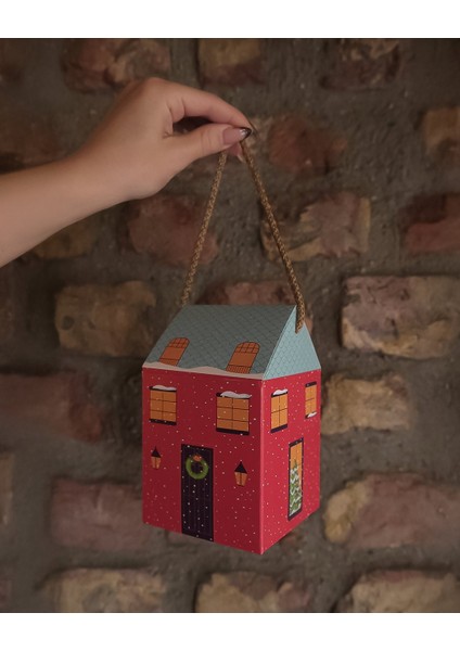 Yılbaşı Ev Tasarımlı Kutu Çanta, Yeniyıl, Parti, Hediye Çantası, 12LI, 8.5X8.5X14 Cm, Mavi Çatılı fırsatları