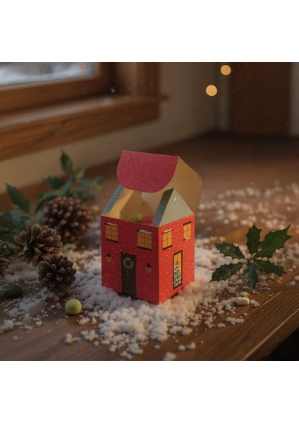 Yılbaşı Ev Tasarımlı Kutu Çanta, Yeniyıl, Parti, Hediye Çantası, 12LI, 8.5X8.5X14 Cm, Mavi Çatılı indirimleri