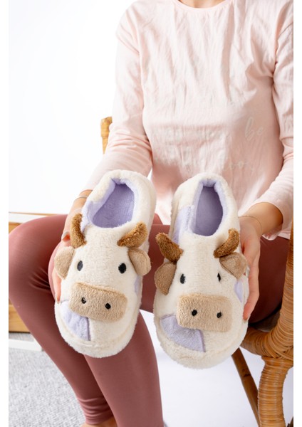 Kadın Öküz Figürlü Sessiz Taban Peluş Ev Terliği