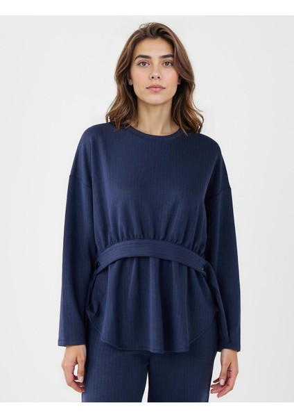 Lacivert Bisiklet Yaka Kemer Detaylı Modal Sweatshirt