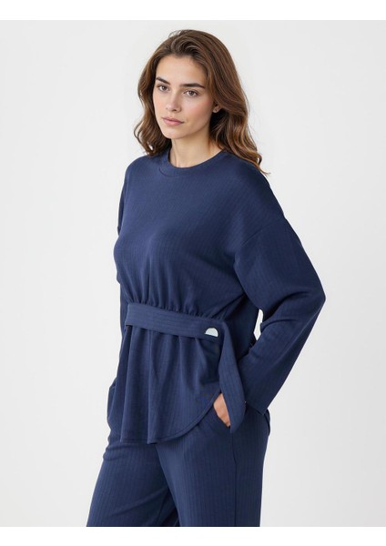 Lacivert Bisiklet Yaka Kemer Detaylı Modal Sweatshirt modelleri