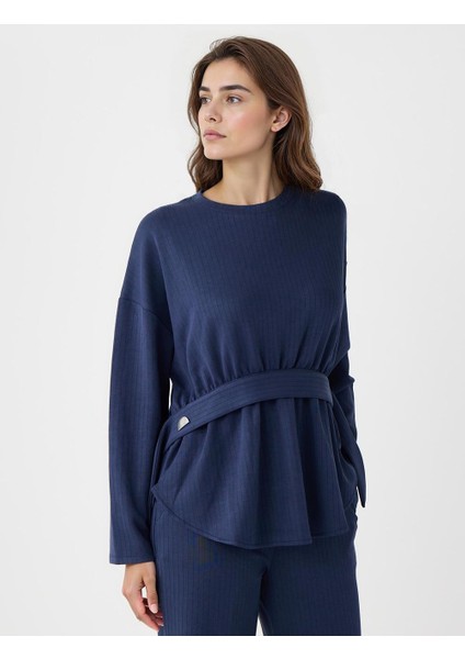 Lacivert Bisiklet Yaka Kemer Detaylı Modal Sweatshirt fırsatları