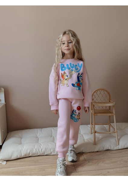 Bluey Dijital Baskılı Şardonlu 3 Iplik Sweatshirt-Eşofman Altı Kışlık Kız Çocuk Takım