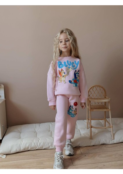 Bluey Dijital Baskılı Şardonlu 3 Iplik Sweatshirt-Eşofman Altı Kışlık Kız Çocuk Takım modelleri