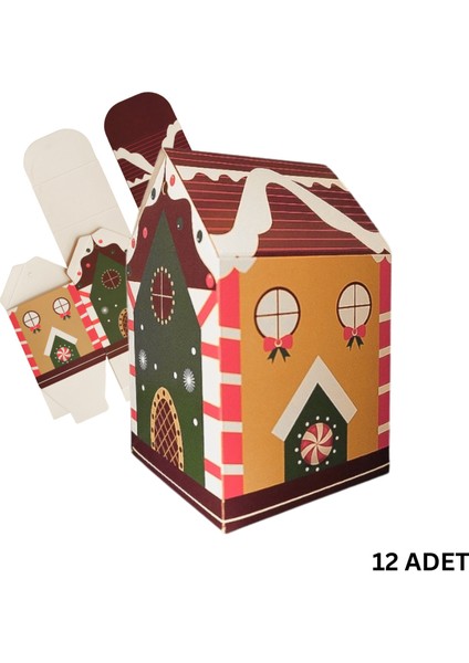 Yılbaşı Ev Tasarımlı Kutu Çanta, Yeniyıl, Parti, Hediye Çantası, 12LI, 8.5X8.5X14 Cm, Kahve Çatılı