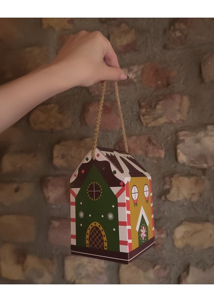 Yılbaşı Ev Tasarımlı Kutu Çanta, Yeniyıl, Parti, Hediye Çantası, 12LI, 8.5X8.5X14 Cm, Kahve Çatılı modelleri