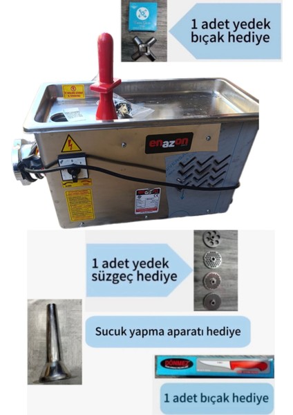 12 No Et Kıyma Makinesi (1 Adet Yedek Bıçak, 1 Adet Yedek Süzgeç , 1 Adet Sucuk Aparatı ve 1 Adet Et Bıçağı )