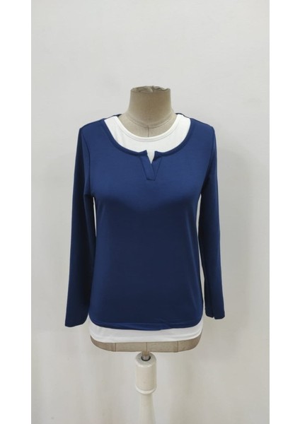 Kadın Uzun Kollu V Yakalı Çift Renkli Viskon Iki Iplik Bluz