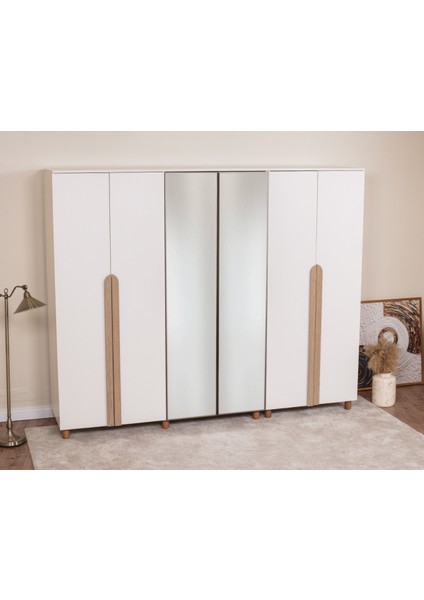 İtra 6 Kapaklı Gardırop – Krem Gövde, Krem MDFLAM Aynalı Kapak
