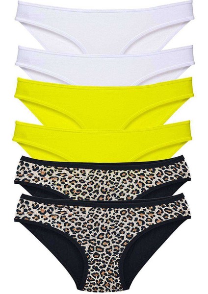 6 Adet Likralı Kadın Slip Külot Leopar Beyaz Sarı