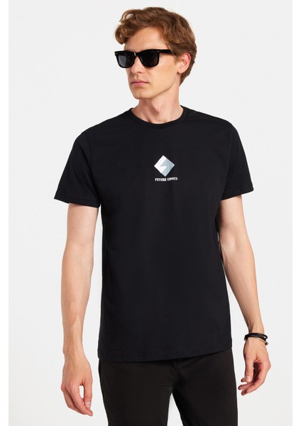 Erkek Slim Fit Dar Kesim %100 Pamuk Yumuşak Dokulu Baskılı Siyah Bisiklet Yaka Tişört