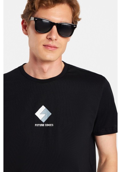 Erkek Slim Fit Dar Kesim %100 Pamuk Yumuşak Dokulu Baskılı Siyah Bisiklet Yaka Tişört fiyatları