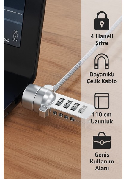 Silver 18 mm 4 Hane Şifreli Laptop Dizüstü Bilgisayar Kilidi Kablo Kilit CIN541